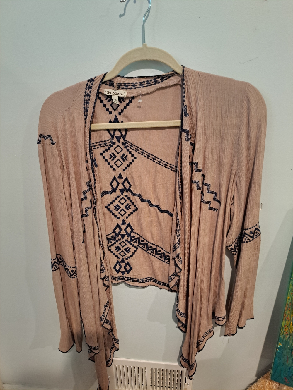 Chocolate Blush Open-Front Cardigan with Navy Geometric Stitching